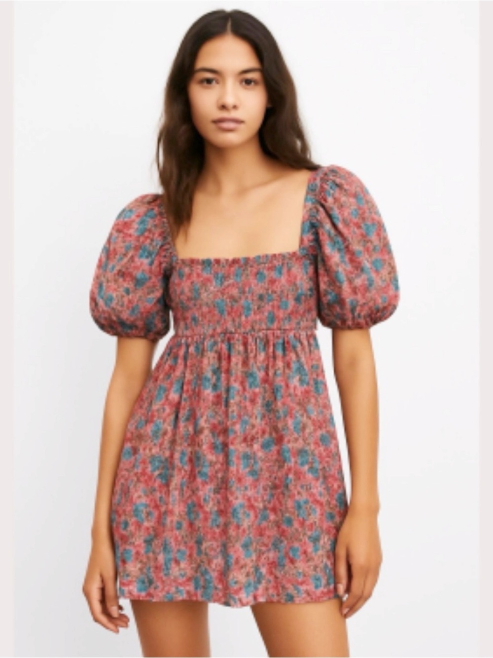 ZARA | Floral Square Neck Puff Sleeve Cottagecore Stretchy Mini Dress Small